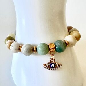 Amazonite Evil Eye Bracelet | Gold Plated | 7.5” | Protection Jewelry